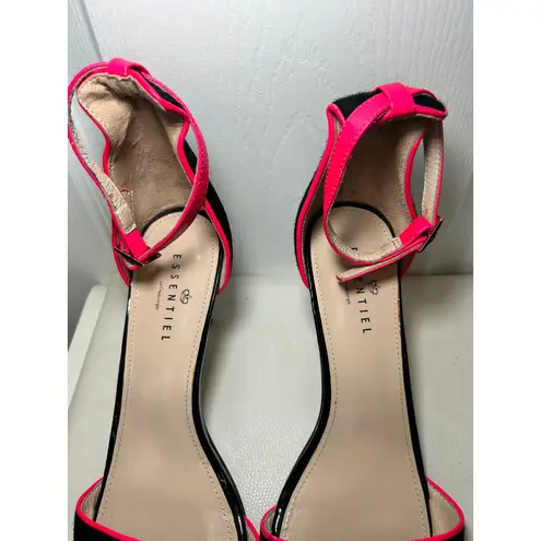 ESSENTIEL Antwerp Heels Sandals Black Pony Hair Neon Pink Trim Ankle Strap 9.5
