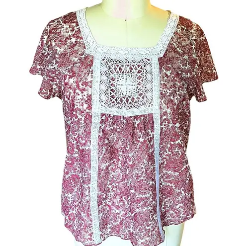 Ruff Hewn boho Crochet Trim Bohemian Print Blouse ~ Women's Size MEDIUM
