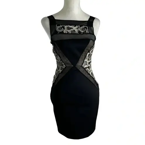 Tracy Reese NEW Faux Leather Floral Lace Mesh Trim Bodycon Dress Black Size 0
