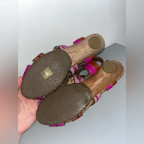 L'ARTISTE Spring Step BohoChic Leather CutOut Leaf Print CorkWedge Sandal Sz 8.5 Red