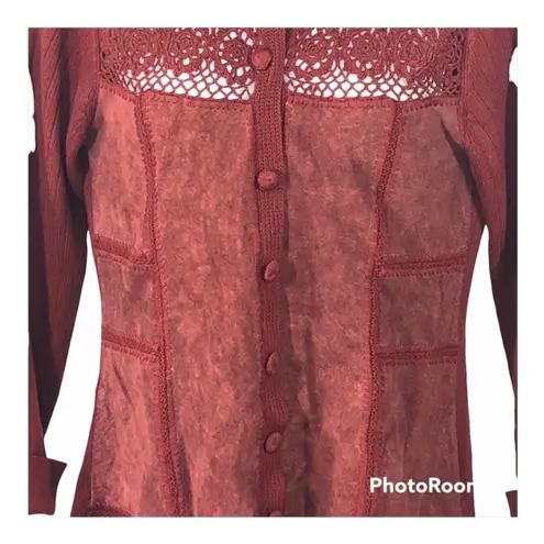 J. Jill Rustic Red Wool & Suede Patchwork Long Cardigan Medium Tall