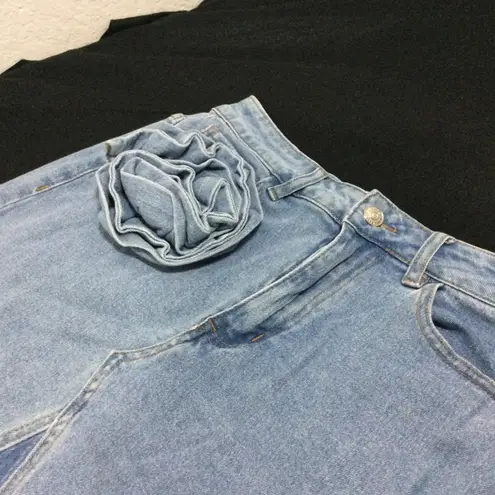 Denim Maxi Skirt Flower Detail Front Slit Light Wash A Line Vintage Look size M Blue Size M