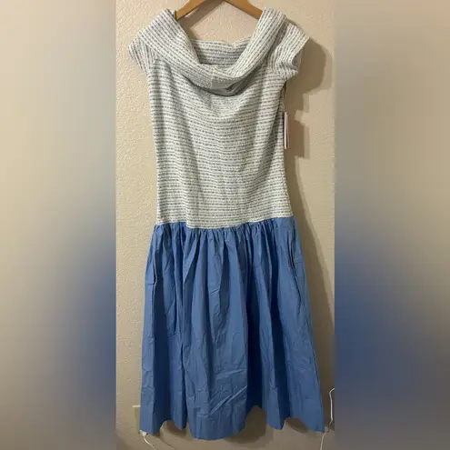 NWT Never A Wallflower Off the Shoulder Dress Beryl Knit Blue & White Size Large