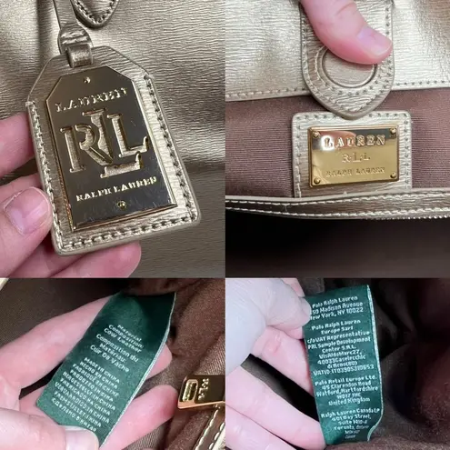 Lauren Ralph Lauren Newbury Metallic Gold Double Zip Satchel Tote Bag Purse