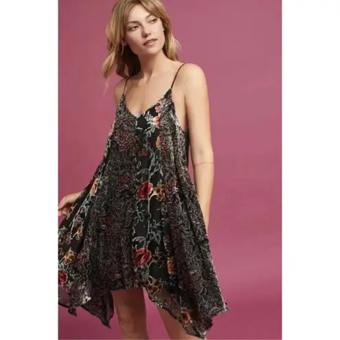 Anthropologie  By Eri + Ali Velvet Swing Dress Black Flower Bohemian Size XS