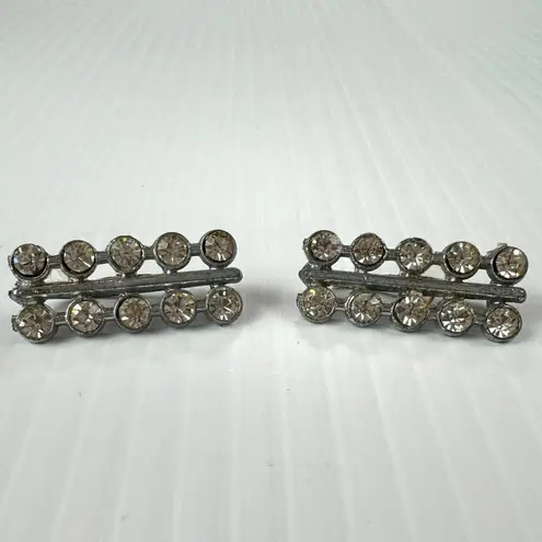 Vintage Small Brooch Bar Set Silver Tone Clear Rhinestones Double Row Costume