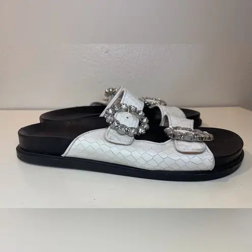 Schutz Ariel Crystal-Buckle Sporty Slide White Snake Croc Sandals Size 10 B