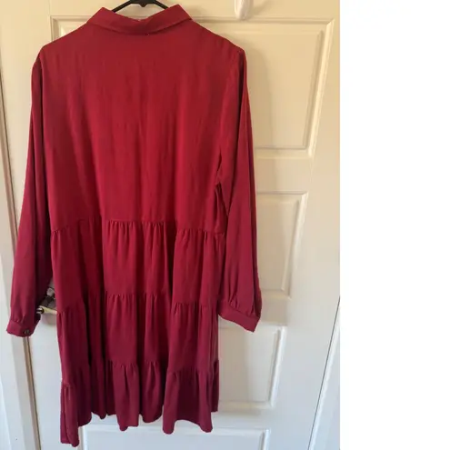 Leia n Co sz L Womens Maroon Tiered Collared Long Sleeve Button Midi Dress Fall Red Size L