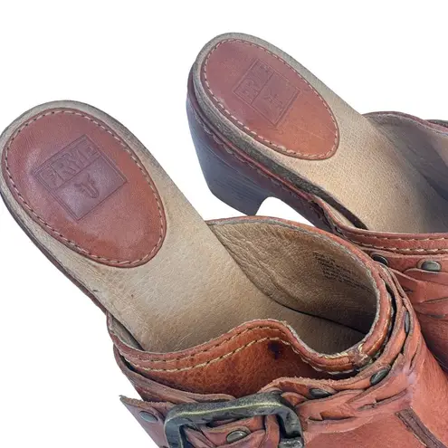 Frye  Candice Woven Leather Brown Braided Buckle Clogs Size 7.5