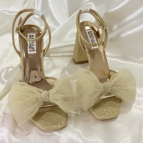Badgley Mischka Tess Tulle Bow Sandals Heels 6.5 Gold Glitter Party Coquette New