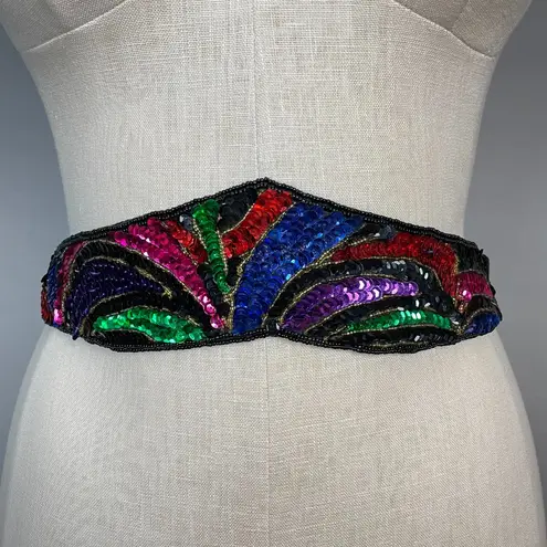 Vintage Sequin Belt Pointed Black Jewel Tones Glamorous Women Stretch Dramatic