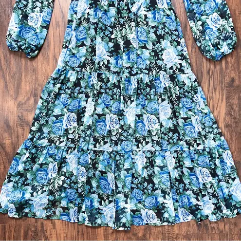 WAYF • Blue Floral Tiered Midi Dress open tie back blouson black rose print