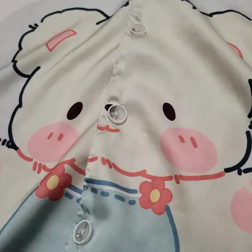 Women’s Kawaii Top Teddy Bear Ruffles Button Shirt Pajama Lounge size Small