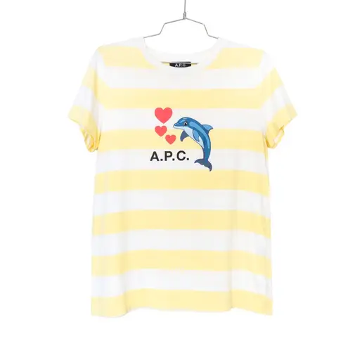 A.P.C. White Yellow Cotton Striped Dolphin Heart Logo Graphic Tee