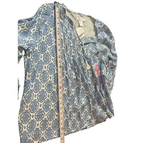 Stellla Parker Long Sleeve Tassled Tie Neck Blue White Print Peasant Top XXL NWT