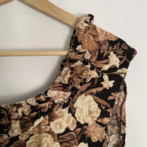 vintage floral vest lie up summery beige black floral top lightweight shirt M Brown Size M