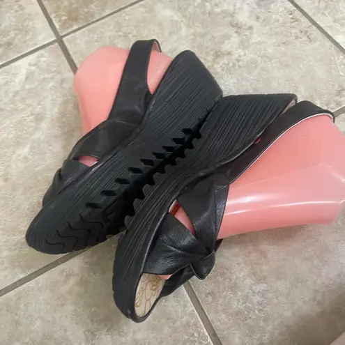 Fly London Sz 11 Black Leather Wedge Sandals Adjustable Ankle Strap Knot Detail