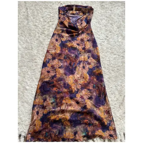 Fore Boutique Satin Purple Gold Floral Maxi Dress Strapless Open Cowl Back