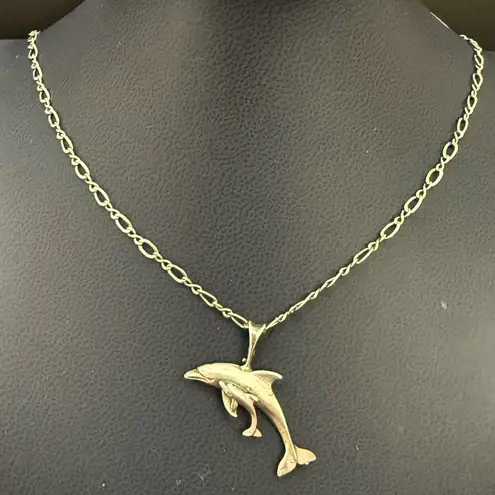 Vintage 925 STERLING Silver Mother & Baby Dolphin Pendant 18” Necklace 6g.