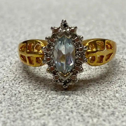 Stunning Gold Sparkle Halo Marquise Aquamarine Statement Piece Ring Size 7