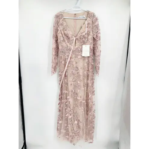 Mac Duggal 70224 Rose Pink Floral Applique Long Sleeve Illusion Gown Size 8 NWT