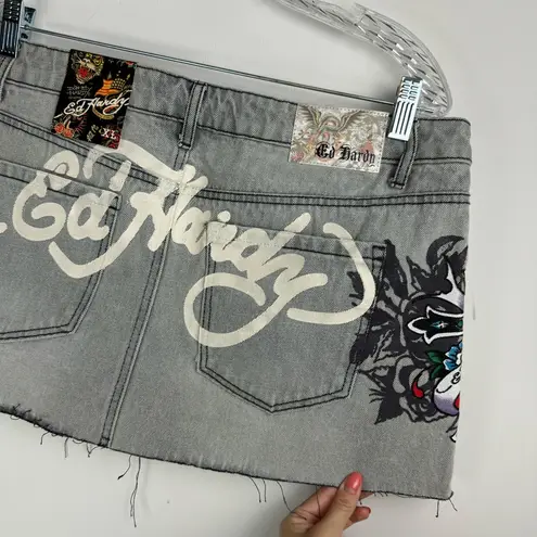 Ed Hardy NWT Denim Mini Skirt Sz XL Grey Wash Graphic Print Y2K