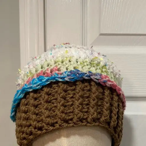 Handmade Crochet Funfetti Rainbow Cupcake Beanie Winter Hat Stretch Cozy Comfy