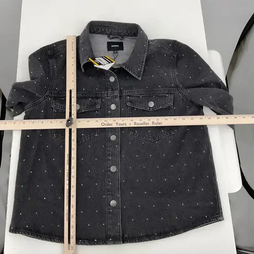 EXPRESS  Black Studded Denim Trucker Jacket Women's Size Medium Rhinestones