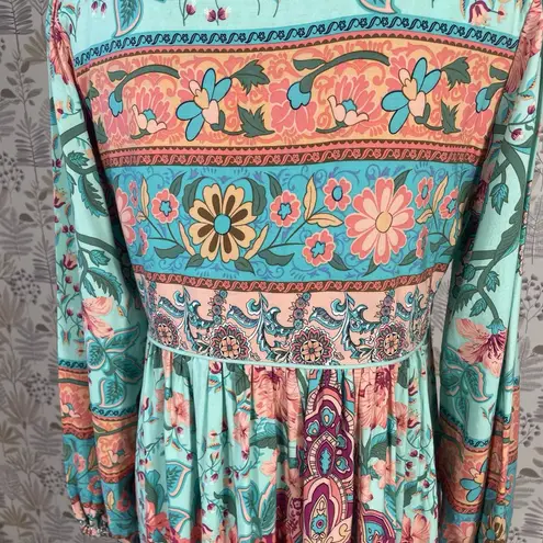 R. Vioimos Boho Maxi Dress M Turquoise Floral Paisley Tassel Tie Neck Hippie Size M