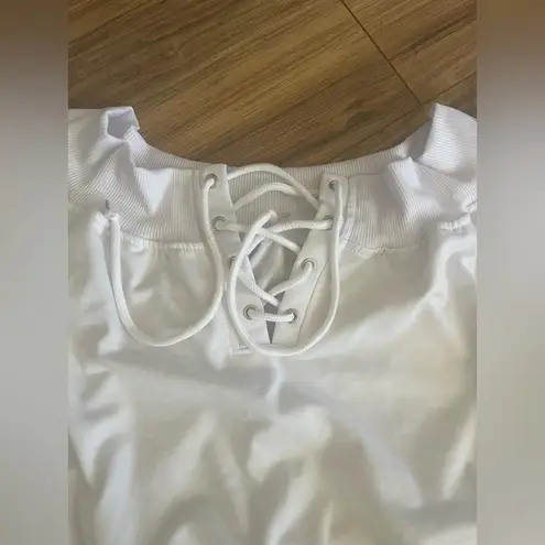 Long Sleeve Two Piece Outfit Tracksuit Lace Up Off Shoulder Casual Sweatsuit White Size undefined