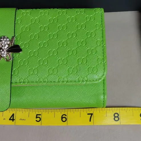 Leather Wallet Lime Green Embossed Faux Snap Closure Decorative Bee Accent