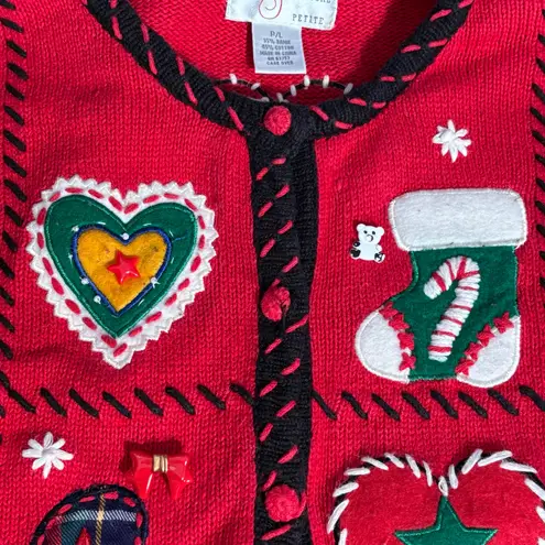 Vintage Christmas Cardigan Knit Sweater Red Green Applique Hearts Petite Large Size undefined