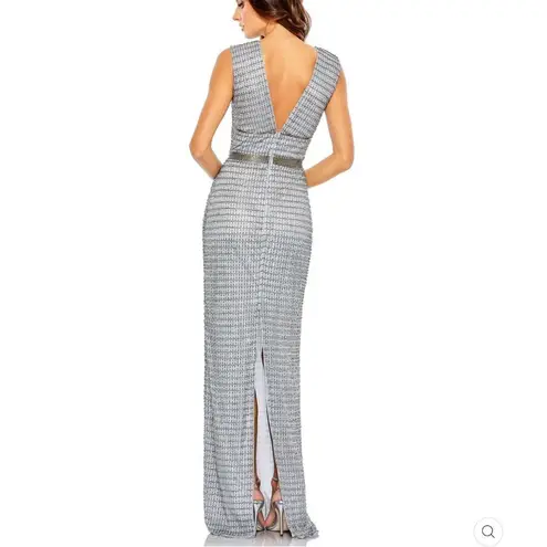 Mac Duggal 5625 Womens Silver Beaded Cap Sleeve V Neck Column Gown Dress