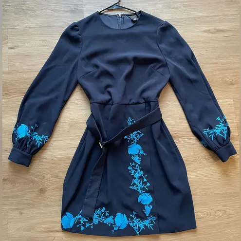 Ted Baker London Dark Blue Bluebell Embroidery Zephyra Shift Wrap Belted Dress Size M