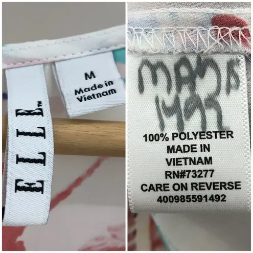 Elle MEDIUM White Pink Floral Chiffon Pleated Scoop Neck Sleeveless Top Blouse