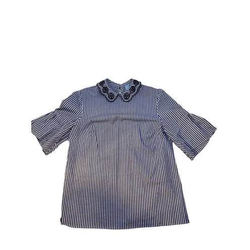 CeCe Striped Embroidered Peter Pan Collar Flutter Sleeve Size Small