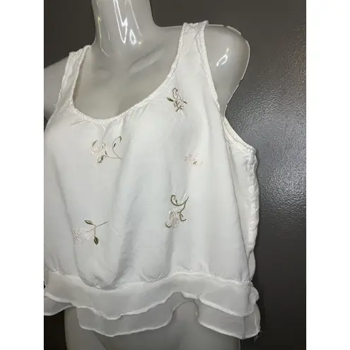 L Pogee Tank Top Womens L XL White Embroidered Floral Ruffle Hem Rayon