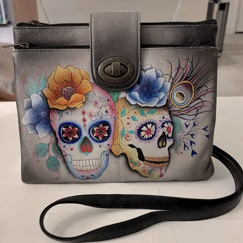 Anuschka Multicolor Skull Art Crossbody Bag