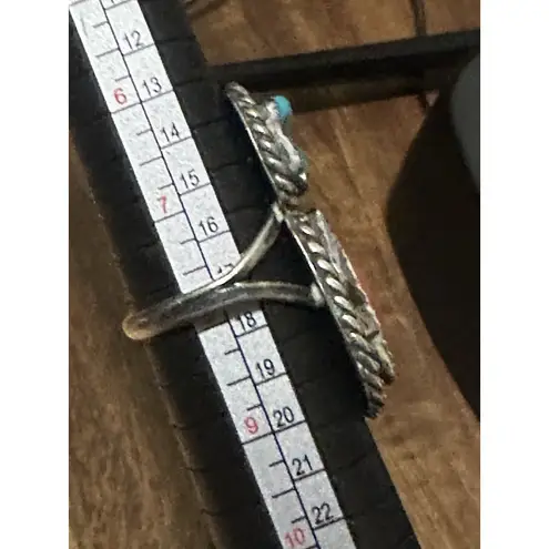 SIZE 8 "RHY" NAVAJO STERLING SILVER TURQUOISE & LARGE CORAL WOMENS RING