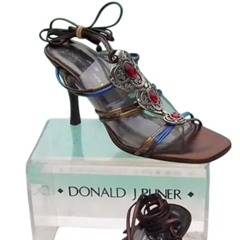 Donald Pliner Pewter Metallic Leather Strappy Shoe Sandal New Gem Stone $265 NWT Gray Size 8.5