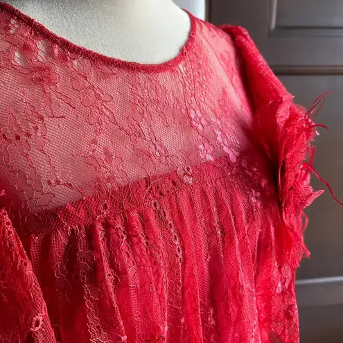 Badgley Mischka | Pink Red Tiered Pleated Lace Bell Sleeve Dress | Size 2