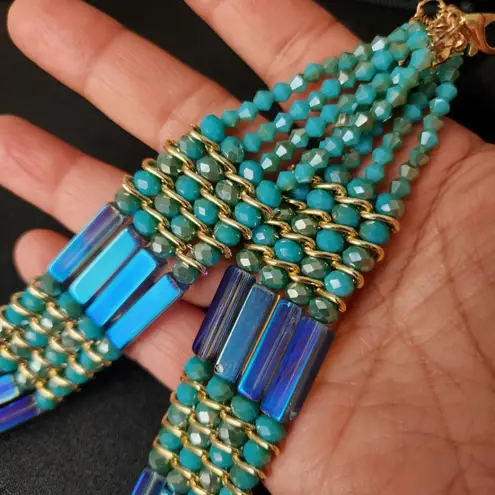 AB Iridescent Aqua Blue Glass Bead Necklace and Earrings Set Green