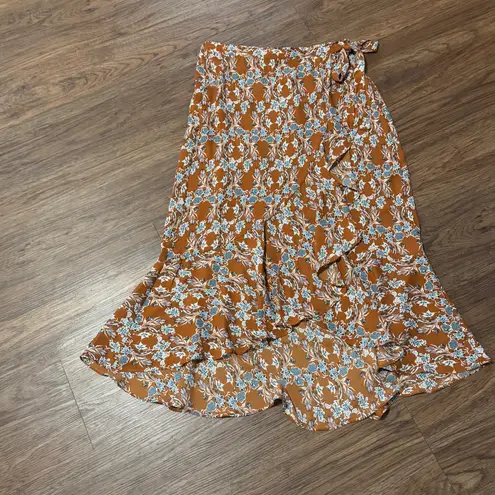 Max Studio NWT  Floral Faux Wrap Skirt with Ruffle Hem Tan Blue Cream Size XL