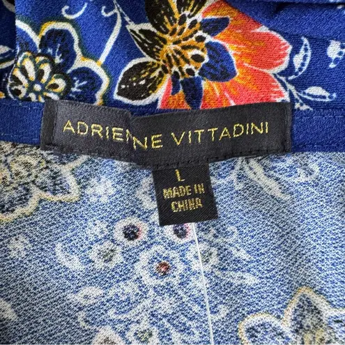Adrienne Vittadini Blue Retro Floral Sleeveless Blouse Metal Logo Hardware