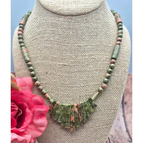 None Artisan Boho Unakite Natural Stone Beaded Collar Bib Necklace Toggle Clasp 18"