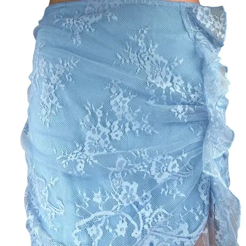 Majorelle Blue Lace Mesh Floral Ruffle Asymmetric Mini Straight Pencil Skirt M
