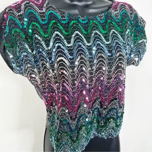 Vintage Rio Blouse Rainbow Sequin Shimmer Short Sleeve Shirt Size Small Pink