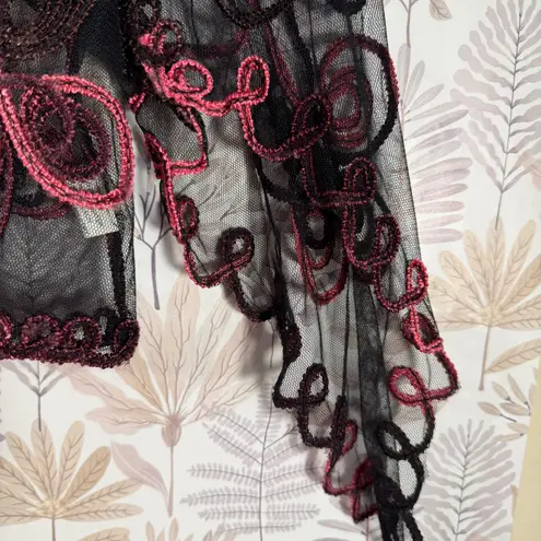 ModeLia Sheer Embroidered Mesh Cropped Cardigan Top Black & Burgundy Size XL