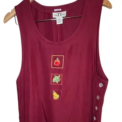 Vintage 90s Maxi Jumper Dress 14 Red Cotton Embroidery Side Buttons Cottagecore