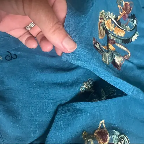 Fig and Flower Anthropologie Boho Floral Teal Shirt Embroidered Roll Tab Blue Size L